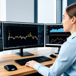 "A female data scientist in a professional office setting, analyzing a digital twin interface displayed on multiple monitors, fully clothed in a business casual outfit, safe for work, appropriate content, perfect anatomy, natural proportions, showcasing data analysis and technology, professional, family-friendly."