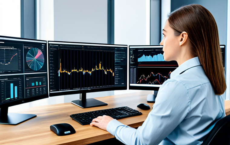 "A female data scientist in a professional office setting, analyzing a digital twin interface displayed on multiple monitors, fully clothed in a business casual outfit, safe for work, appropriate content, perfect anatomy, natural proportions, showcasing data analysis and technology, professional, family-friendly."