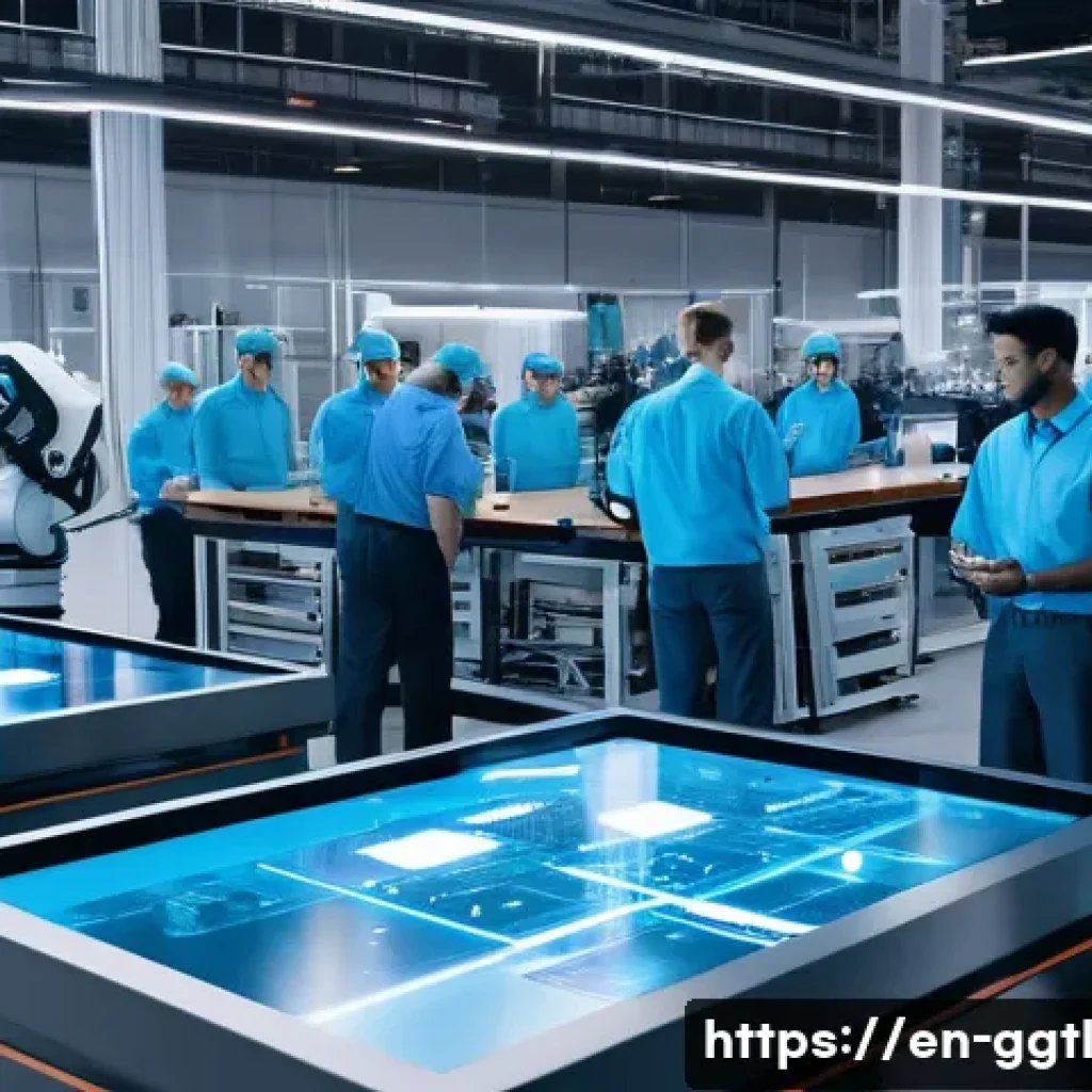 디지털 트윈과 기계 학습의 융합 사례 - **Prompt:** A futuristic, highly efficient manufacturing facility. In the foreground, a diverse team...