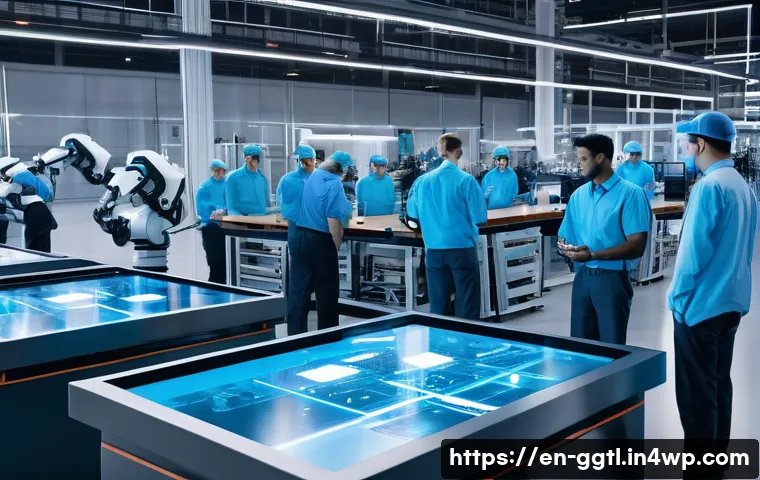디지털 트윈과 기계 학습의 융합 사례 - **Prompt:** A futuristic, highly efficient manufacturing facility. In the foreground, a diverse team...