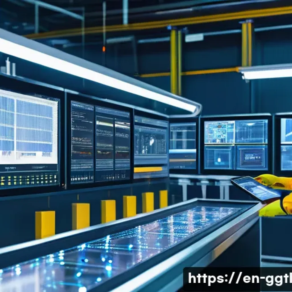 스마트 제조에서의 디지털 트윈 활용 - A highly detailed industrial factory floor scene showing a digital twin interface overlaying real-ti...