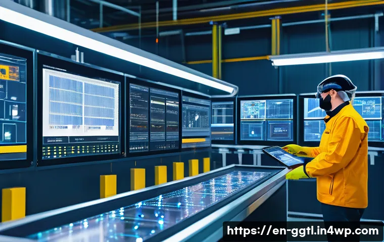 스마트 제조에서의 디지털 트윈 활용 - A highly detailed industrial factory floor scene showing a digital twin interface overlaying real-ti...