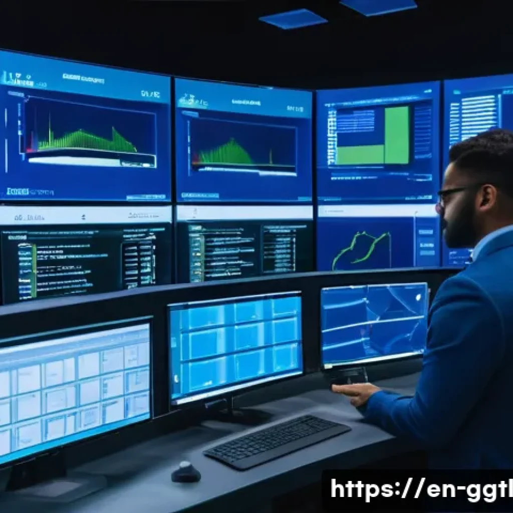 디지털 트윈의 비용 절감 효과 분석 - A high-tech manufacturing plant control room featuring engineers monitoring multiple large digital t...
