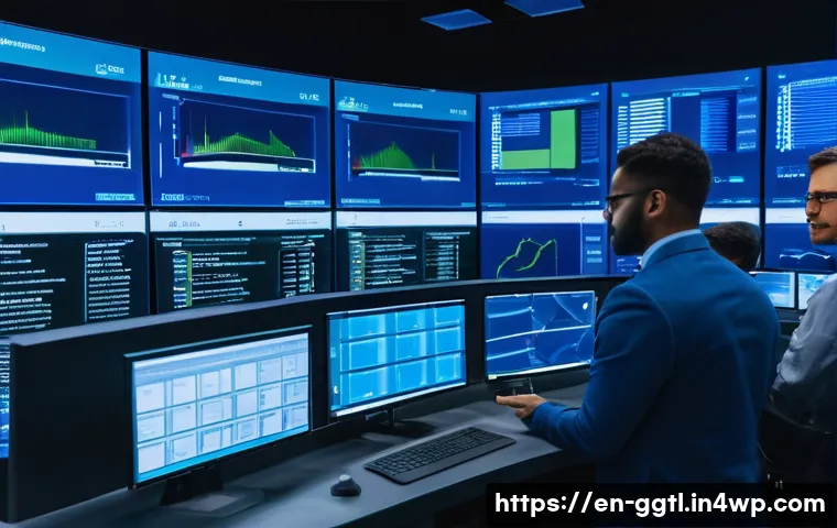 디지털 트윈의 비용 절감 효과 분석 - A high-tech manufacturing plant control room featuring engineers monitoring multiple large digital t...