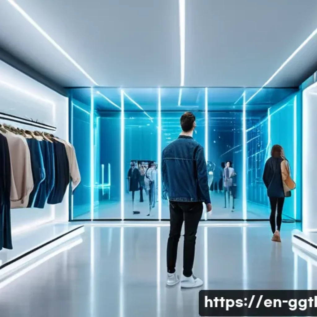 디지털 트윈을 통한 비즈니스 모델 다각화 - A futuristic retail scene featuring a diverse group of customers using a virtual fitting room powere...