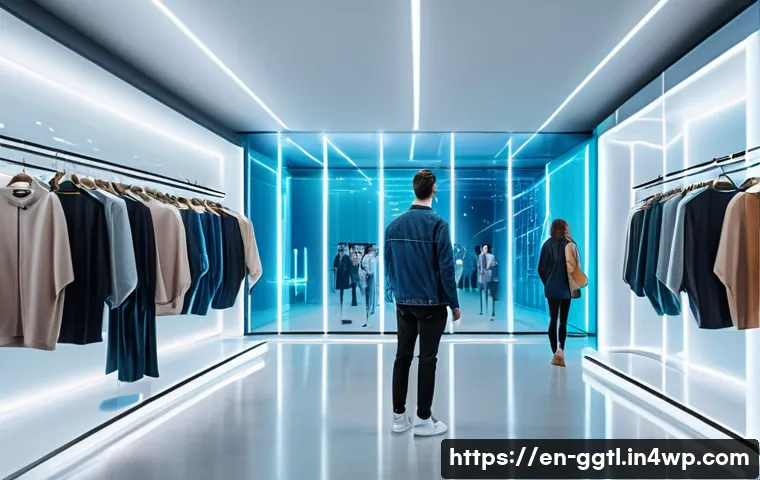 디지털 트윈을 통한 비즈니스 모델 다각화 - A futuristic retail scene featuring a diverse group of customers using a virtual fitting room powere...