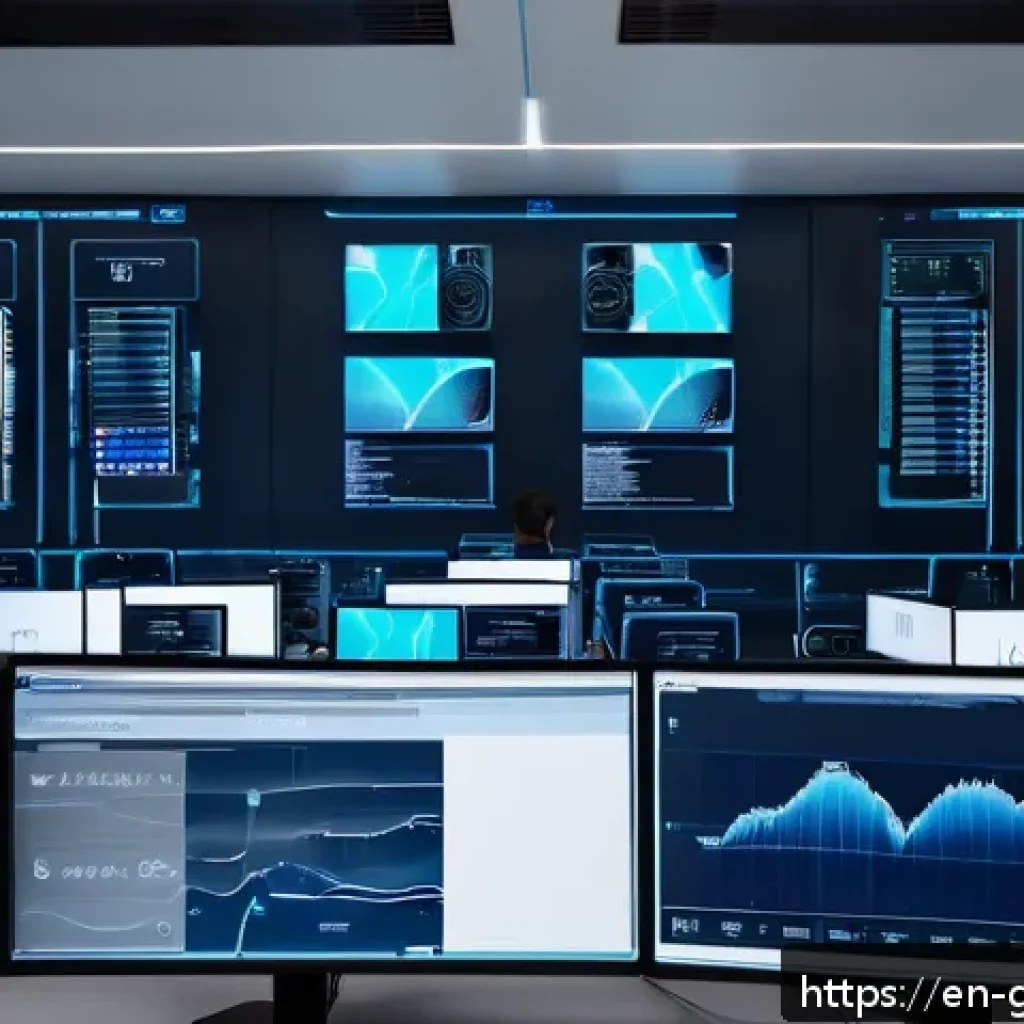 디지털 트윈과 블록체인의 결합 가능성 - A high-tech industrial control room with multiple large digital screens displaying real-time 3D digi...