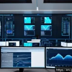 Home 22 디지털 트윈과 블록체인의 결합 가능성 - A high-tech industrial control room with multiple large digital screens displaying real-time 3D digi...