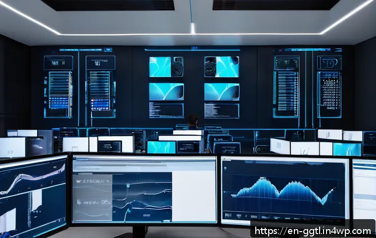 디지털 트윈과 블록체인의 결합 가능성 - A high-tech industrial control room with multiple large digital screens displaying real-time 3D digi...