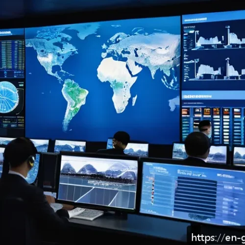 Home 33 디지털 트윈의 성과 측정 지표 - A high-tech industrial control room featuring multiple large digital screens displaying real-time op...