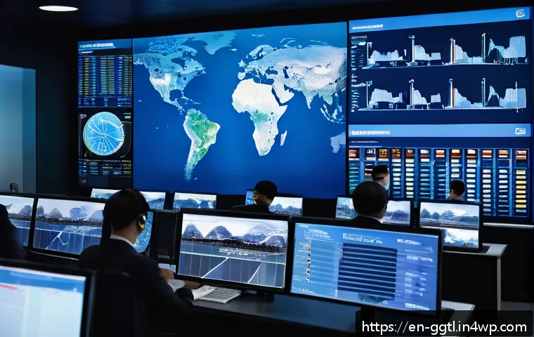 디지털 트윈의 성과 측정 지표 - A high-tech industrial control room featuring multiple large digital screens displaying real-time op...