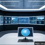 Home 20 디지털 트윈의 필요성과 장점 - A futuristic control room with multiple large transparent digital screens displaying real-time senso...