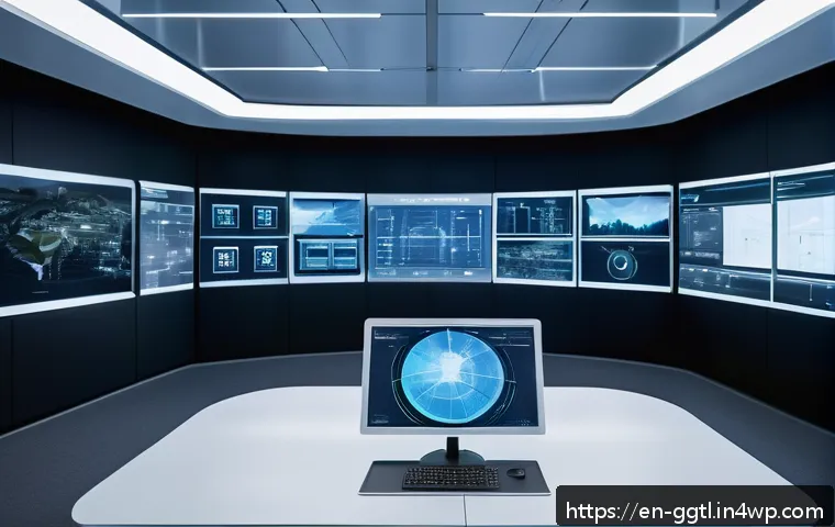 디지털 트윈의 필요성과 장점 - A futuristic control room with multiple large transparent digital screens displaying real-time senso...