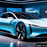 Home 19 자동차 산업에서의 디지털 트윈 활용법 - A futuristic automotive design studio showcasing engineers collaborating on large digital twin holog...