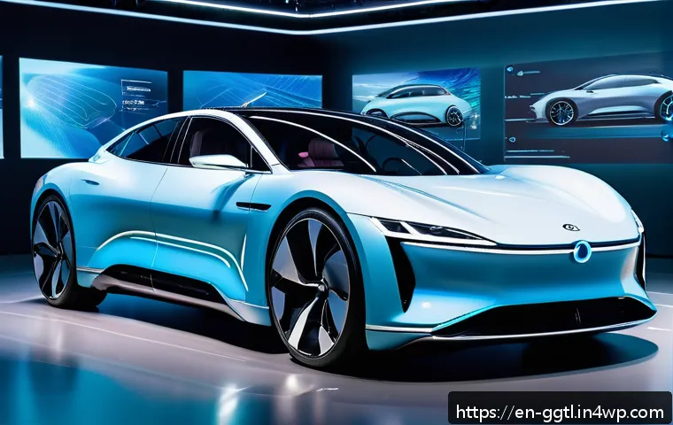 자동차 산업에서의 디지털 트윈 활용법 - A futuristic automotive design studio showcasing engineers collaborating on large digital twin holog...