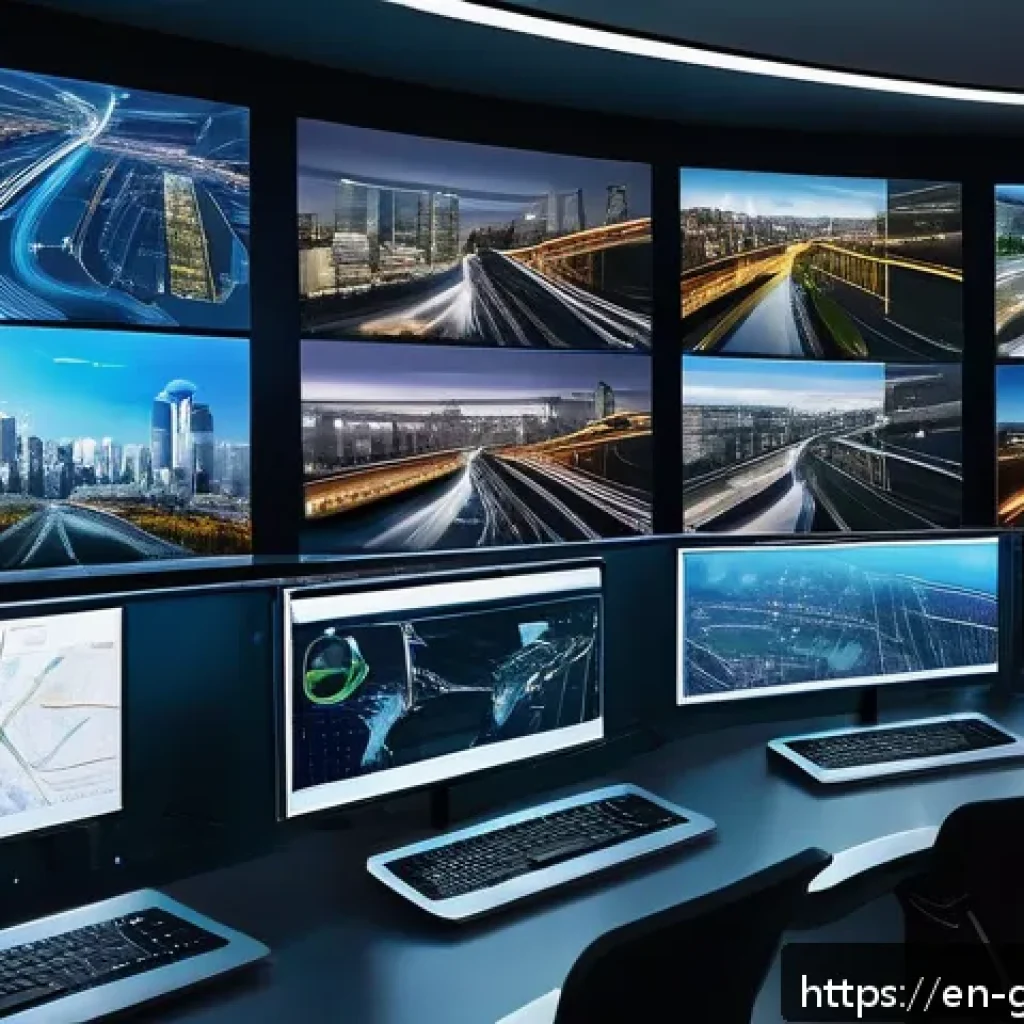 디지털 트윈 기술 구현 방법 - A futuristic smart city control room with large transparent digital screens displaying real-time dat...