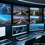 Home 23 디지털 트윈 기술 구현 방법 - A futuristic smart city control room with large transparent digital screens displaying real-time dat...