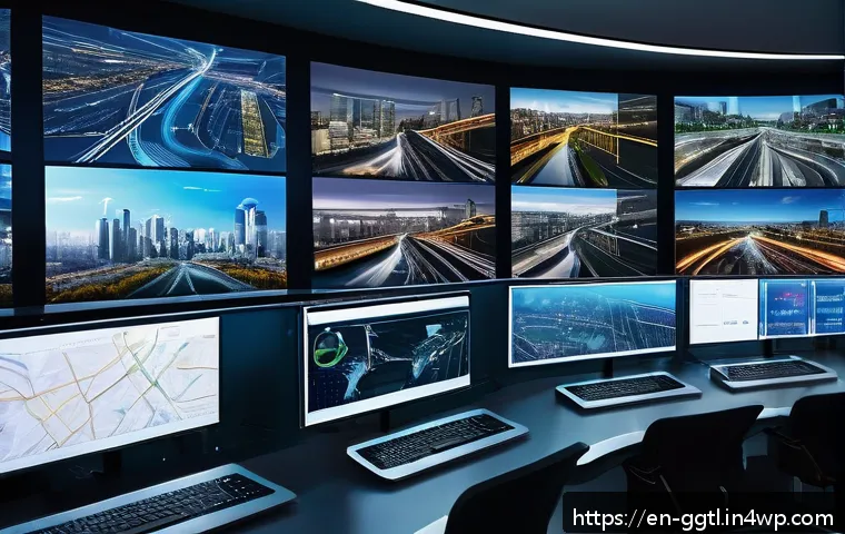 디지털 트윈 기술 구현 방법 - A futuristic smart city control room with large transparent digital screens displaying real-time dat...